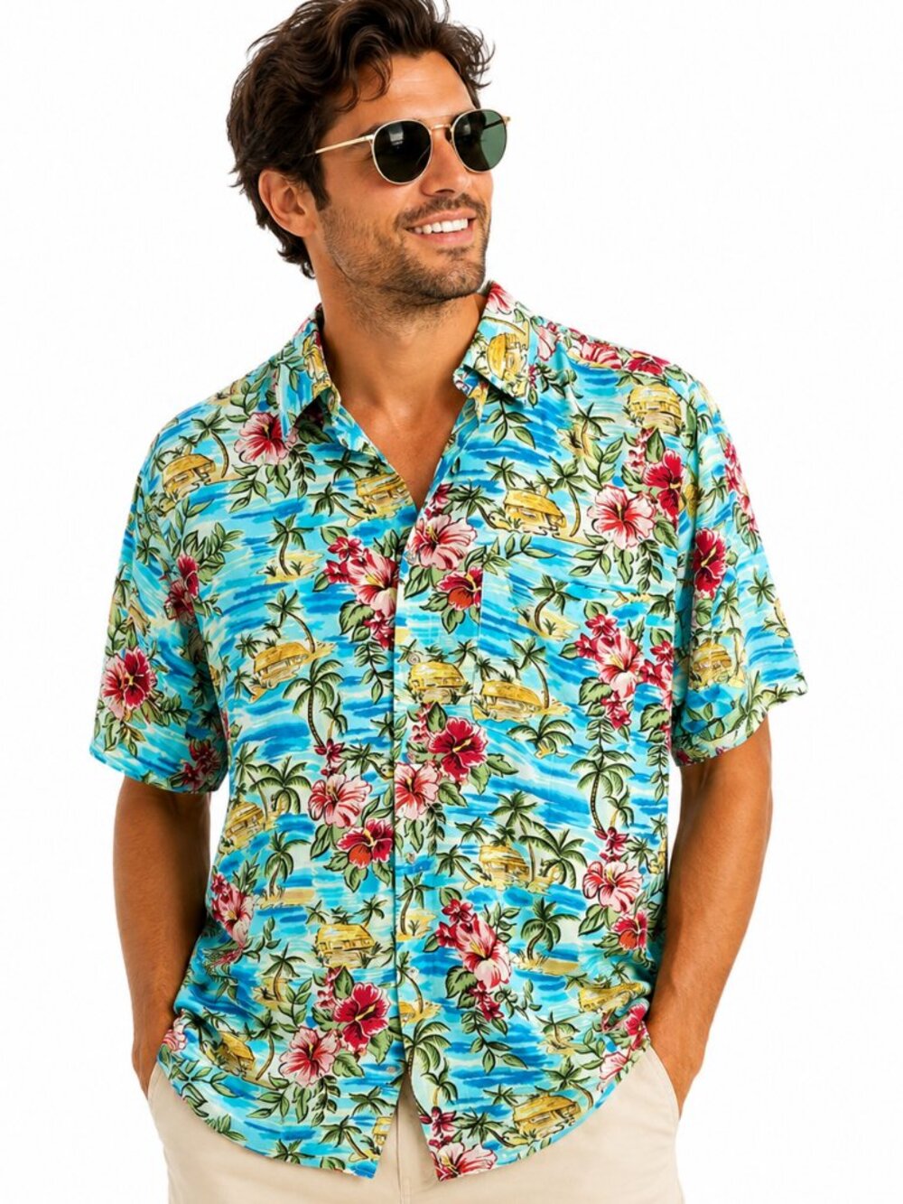 M.E. Sport Men’s Hawaiian Button Down Shirt Tropical Floral Aloha